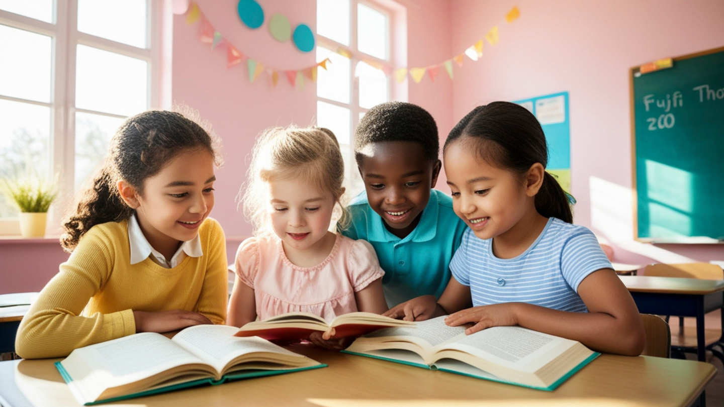 a group of children reading books