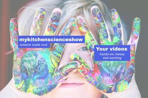 my kitchen science show logo with a child with paint on his hands