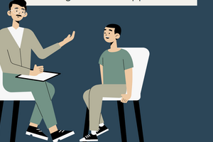 An illustrated image of a teacher with glasses explaining something to a student