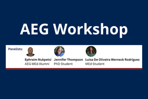 Graphic reads AEG Workshop and shows three headshots of presenters.