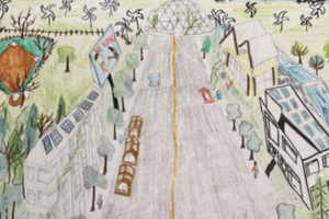 Art by Anna Himmelman, depicts a road through a town with houses on both sides of the road and a wind farm and greenhouse.