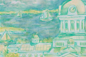 Art by Charlie McGowan depicts the downtown of Kingston in muted tones