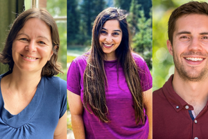 Three people, two women and a man, in three separate photos smile brightly at the camera