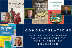 A series of 7 squares inside a larger square, show the cover of 7 Faculty book publications along with the corresponding photo of the Author. From top left: Pamela Beach, Rosa Bruno-Jofre, Chris DeLuca, Patty Douglas, Ben Kutsyuruba, Sandy Youmans 