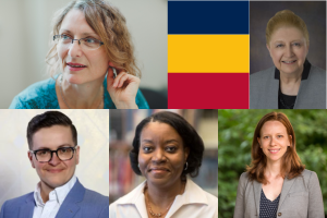 A picture of the five researchers featured plus a tricolour flag