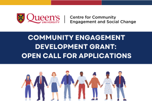 Center for Community Engagement and Social Change Logo. Community Engagement Development Grant: Open Call for Applications. Group of 8 people from different ethinicities holding hands. 