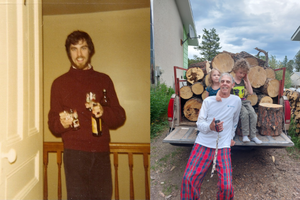 Gary Bauer in a photo from 1977 on the left in a brown sweater and in a photo from 2024 on the right with two children sitting on the back of a truck hauling lumber.