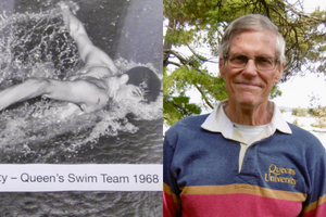 Two photos of Len Minty. One in black and white of him swimming in 1968 and a colour photo where we wears glasses and stands in front of a body of water.