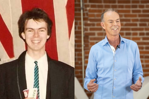 Side by side photos of Michael Kehler wearing a black suit jacket on the left in a film photo and on the right in a blue button down shirt.
