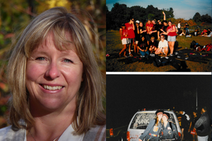A photo of Rochelle Carribine outside in front of fall foliage beside two film photos from Rochelle's time at Queen's.