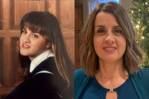 Rose Heron in a grad photo from 1992 wearing a graduation robe and posing in front of a wood background.