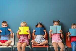 Children sit on chairs against a blue wall. They hold up books in front of their faces.