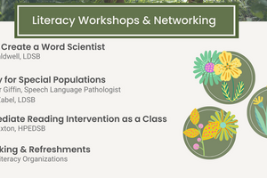 Literacy Workshops & Networking agenda with flowers on the right.