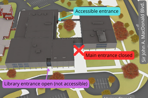 A map of Duncan McArthur Hall with arrows and text descirbing which entrances are accessible and which aren't. 