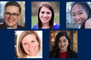 Headshots of Lee Airton, Jodi Basch, Phoebe Feiyang Gao, Holly Ogden, and Sunaira Tejpar on a navy blue background.