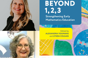 Two white women profile shots with a book cover and the Queen's logo