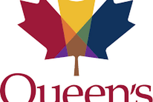 A maple leaf with red yellow and blue and the words Queen's School of English 
