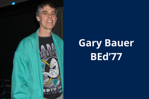 A picture of Gary Bauer wearing a green jacket and a hockey shirt 