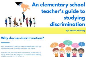 Cover of teaching guide that says "An elementary teacher's guide to studying discrimination, by Alison Bromley." It shows the heading "Why discuss discrimination?" and an illustration of students with question mark bubbles above their heads.