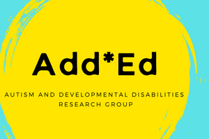 a blue background with an uneven yellow circle with the words Add*Ed Autism and Development Disabilities Research Group 