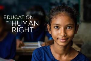 Part of the cover of the Knowledge Forum. A girl looks at the camera and white text says "Education as a Human Right."