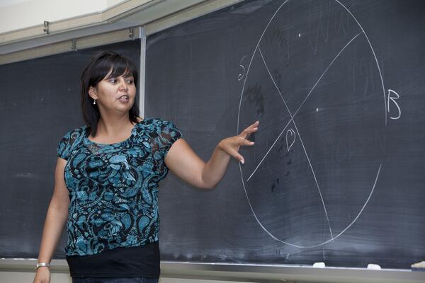 Teacher in front of chalkboard 