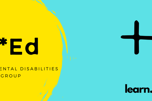 A bright teal background with that yellow circle and the words add*ed Autism and developmental disabilities research group learn. connect. build.