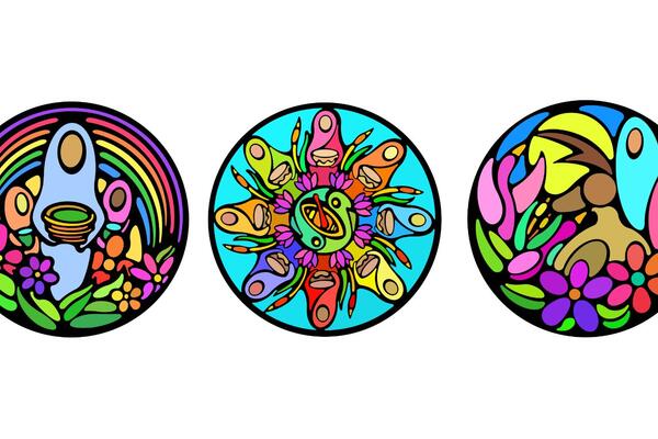 Three colourful circular illustrations in a row. Black outlines are used to depict nature, people, and shapes.