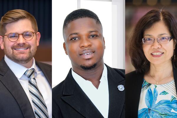 Photos of Chris DeLuca, David Baidoo-Anu, and Liying Cheng side-by-side.