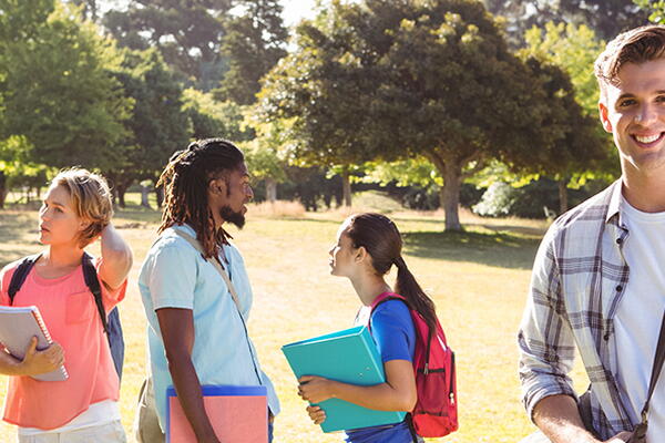Students talk outside