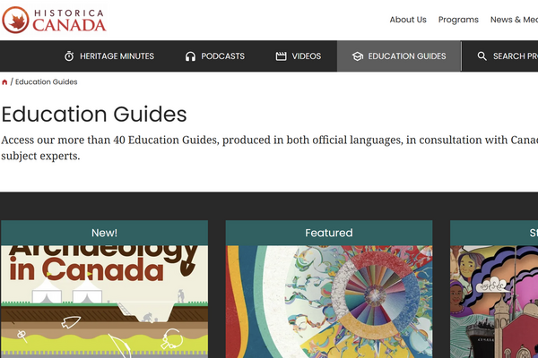 Historica Canada's website showing a selection of their education guides.