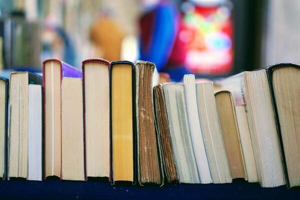 Books stacked in a row on their side.
