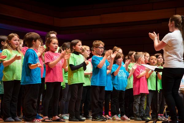 large group of sistema students performing on stage