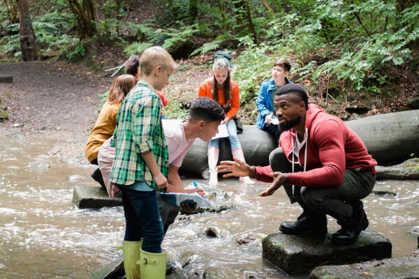 a group of students and their teacher camping