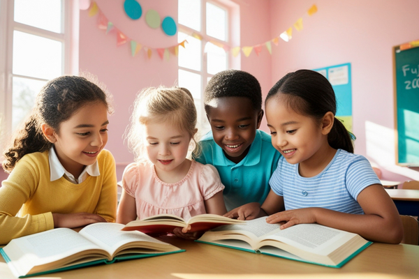 a group of children reading books
