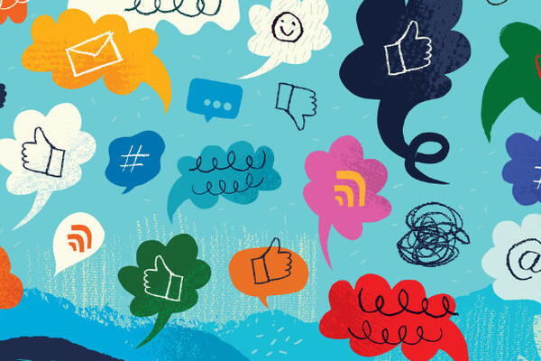 a graphic showing social media likes, dislikes, hashtags, notifications