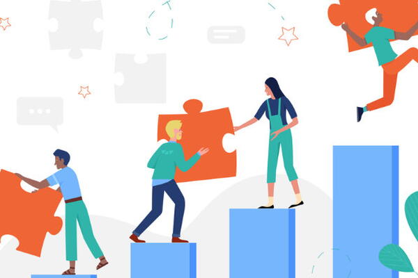 art depicting people on a chart handing puzzle pieces to each other