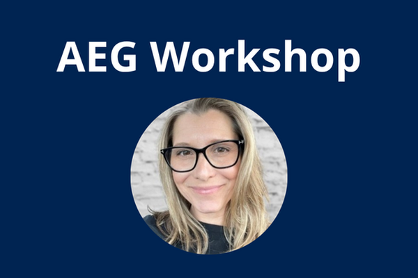Graphic reads AEG Workshop and features a headshot of Laura Pugliese Muir