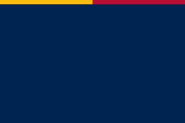 Blue graphic with red and yellow stripe at top.