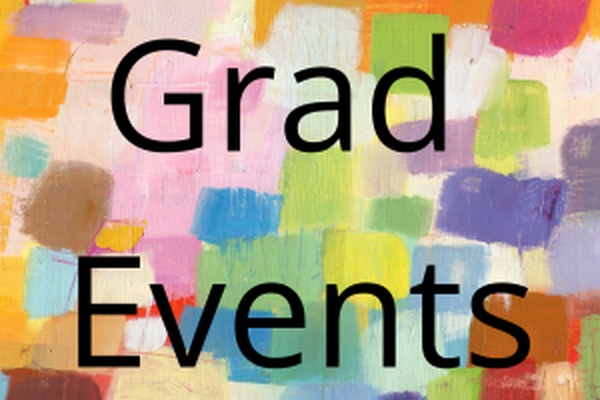 An image of a textured painting consisting of many different coloured squares with the words Grad Events over it 