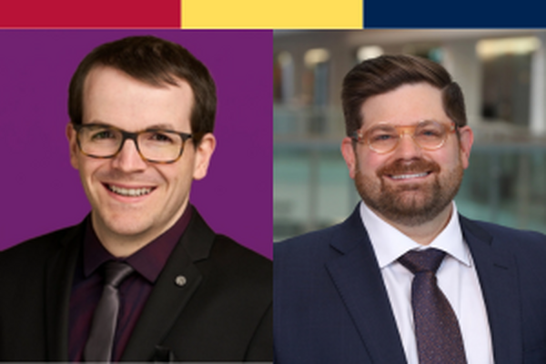 Headshots of two white men wearing glasss and suits with ties with a tricolor bar over them
