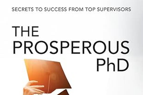 A book cover that says the prosperous phd with graduation hat and diplomas on the cover 