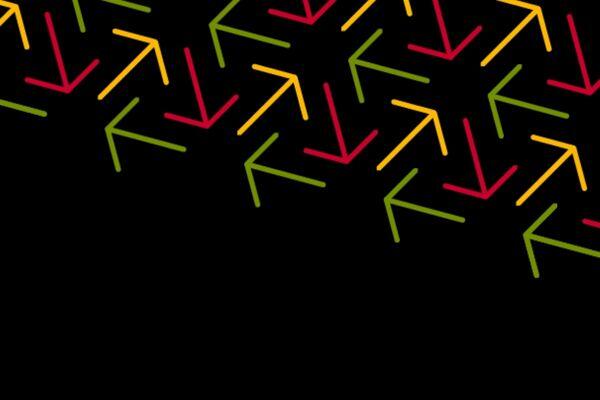 A black background with yellow, green, and red arrows pointing in all directions.