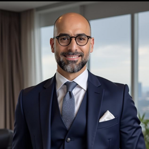 Adam smiles at the camera. He has a shaved head, glasses and a short beard. Adam is wearing a dark blue three piece suit with a pocket square.