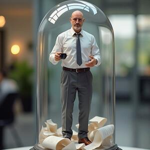 A man in a glass cloche in office wear and sipping coffee