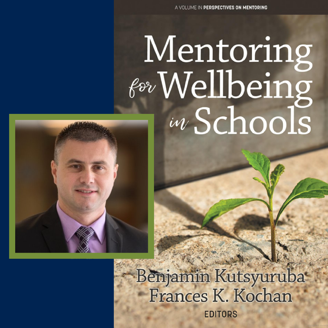 Ben Kutsyuruba smiles wearing a black suit jacket and purple collared shirt, from a small photo insert next to the cover of his book entitled: Mentoring for Wellbeing in Schools