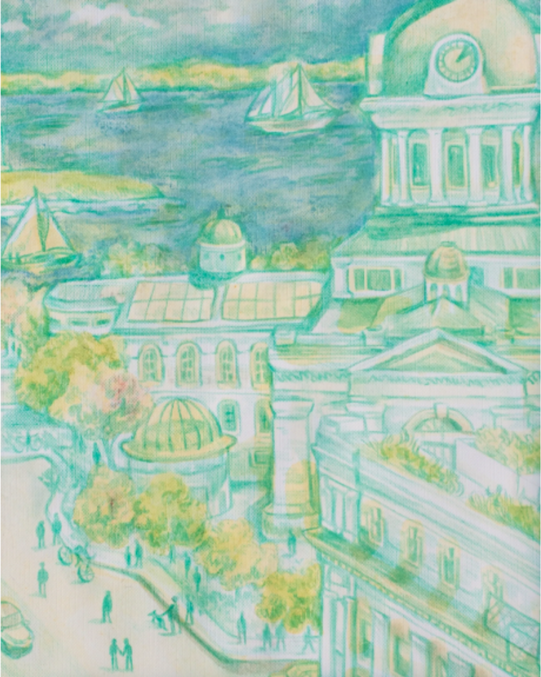 Art by Charlie McGowan depicts the downtown of Kingston in muted tones