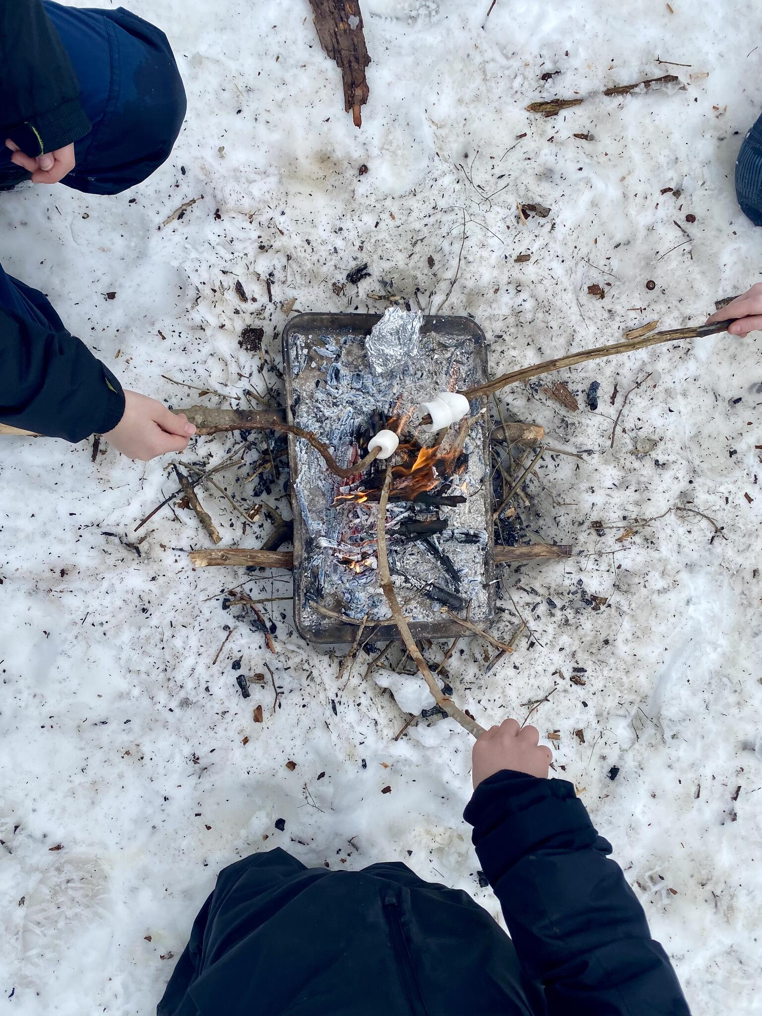 Students roasting marshmallows together