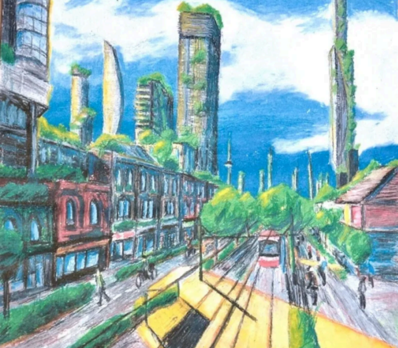Art by Matthew Hennessy depicts a sunny urban street with a streetcar and cyclists on a busy street. There are row houses and trees bordering the street. There are tall towers in the distance with greenery growing on them