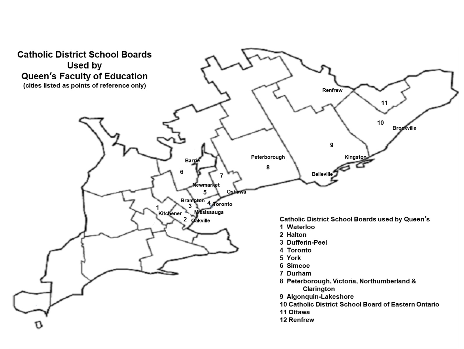 A map showing the 12 regions of the Catholic District School Boards Used by Queen's Faculty of Education